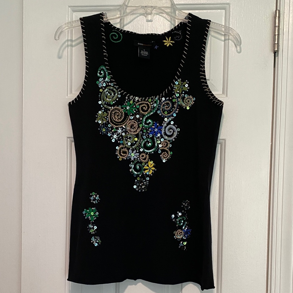 Embellished Black Sleeveless Top with Green & Blue Accents